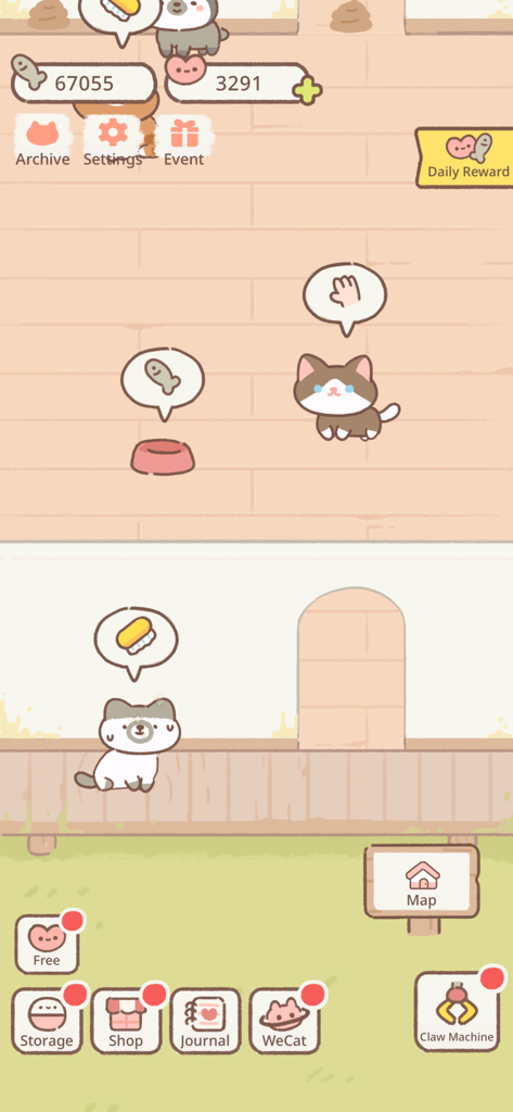 Purrfect Tale - Gameplay-Bildschirm von Purrfect Tale, der niedliche virtuelle Katzen in einer handgezeichneten Hausumgebung mit Tierpflege-Symbolen zeigt.