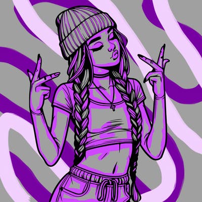 realistic teenage girl with braids and a beanie and crop top doing 🫶🏼