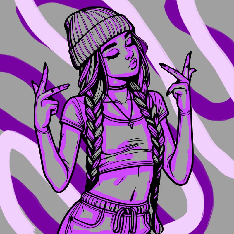 realistic teenage girl with braids and a beanie and crop top doing 🫶🏼