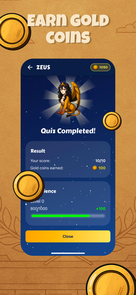 Sphinx Quiz Mythology - Screen showing a completed Zeus quiz with a perfect score and gold coin rewards in the Sphinx Quiz Mythology app