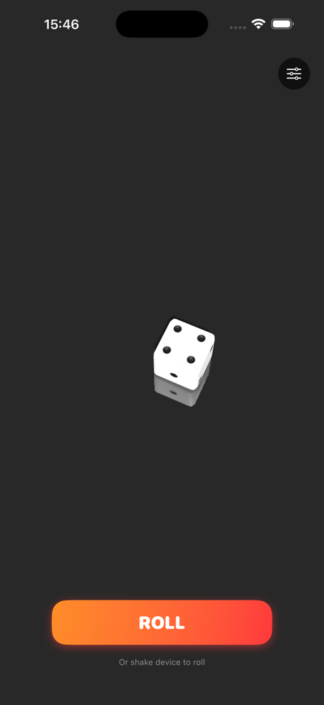 Pocket Dice - 3D Roll - Interfaz de la aplicación Pocket Dice 3D que muestra un solo dado blanco y un prominente botón de lanzar naranja sobre un fondo oscuro minimalista.