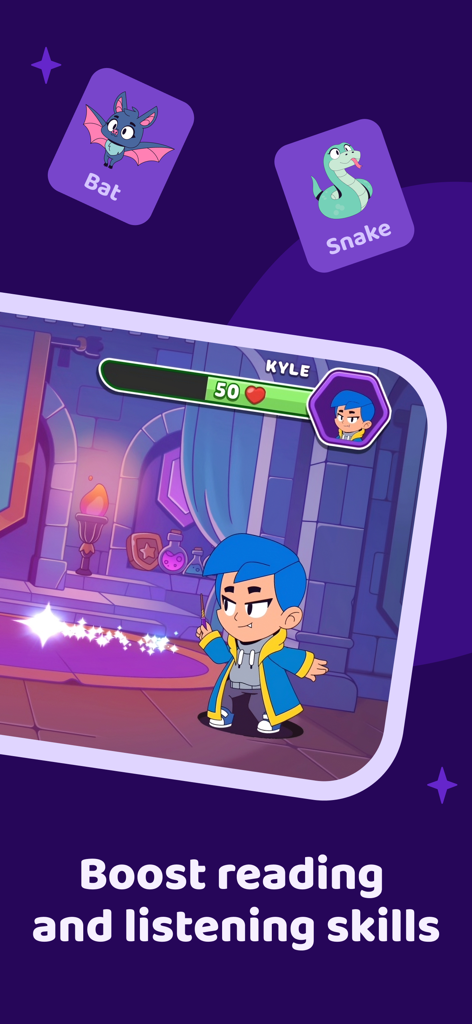 Novakid Champion: Easy English - Educational game interface showing a wizard character and animal vocabulary cards to boost reading skills