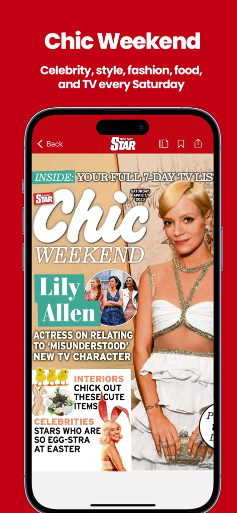 L'application Irish Daily Star affichant le supplément hebdomadaire Chic sur les célébrités et le style de vie sur un iPhone
