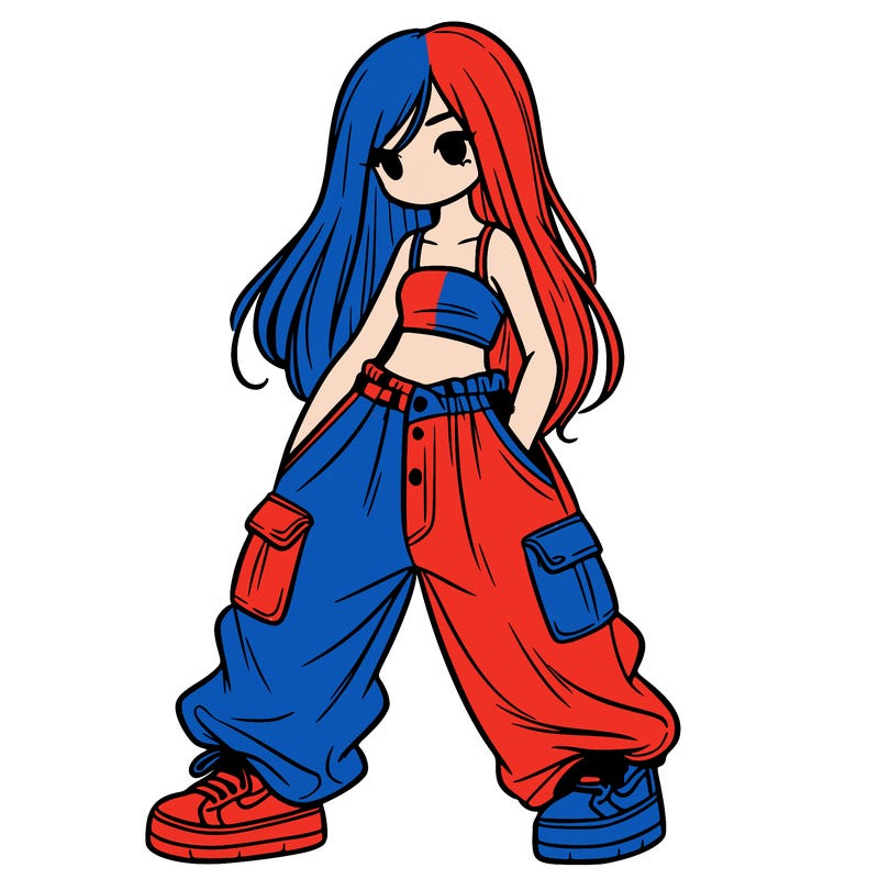 girl in baggy pants, crop top, and long hair