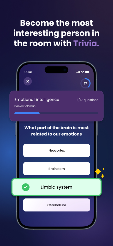 Bookster: Books in 15 Minutes - A smartphone showing a gamified trivia question about emotional intelligence in the Bookster app.