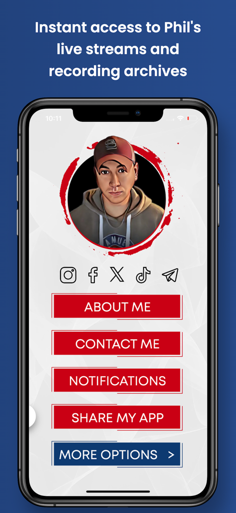 Tela inicial do PG Patriot App com o perfil de Phil Godlewski e botões de menu para transmissões ao vivo e notificações