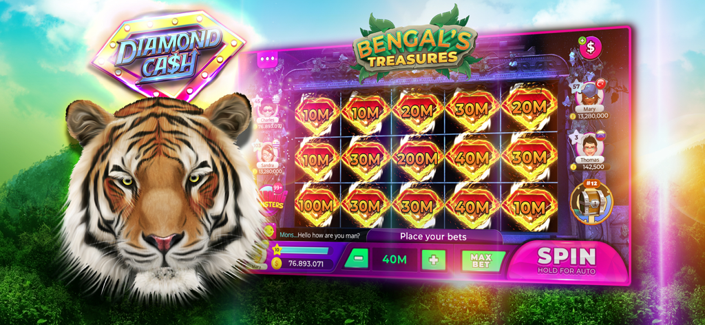 Diamond Cash Slots 777 Casino - Bengal's Treasures Spielautomat mit einem Tiger und hohen Münzgewinnwerten in Diamond Cash Slots 777 Casino