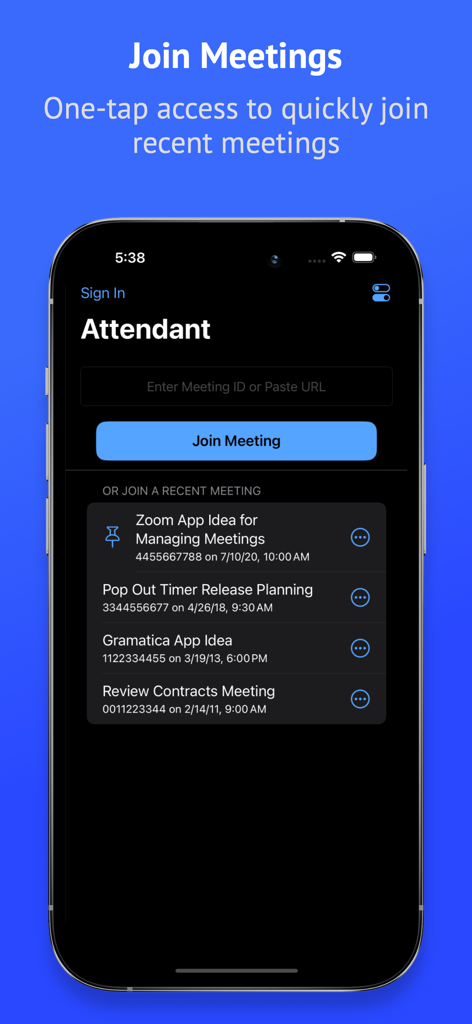 Attendant Pro for Zoom - Mobile interface of Attendant Pro for Zoom showing the Join Meeting screen with a list of recent meetings and a field to enter a meeting ID.
