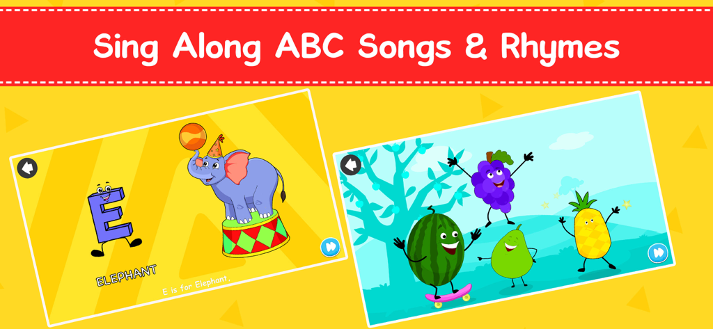 Learn ABC Songs & Kids Phonics - Sing along ABC songs and rhymes interface featuring an elephant for letter E and dancing fruits