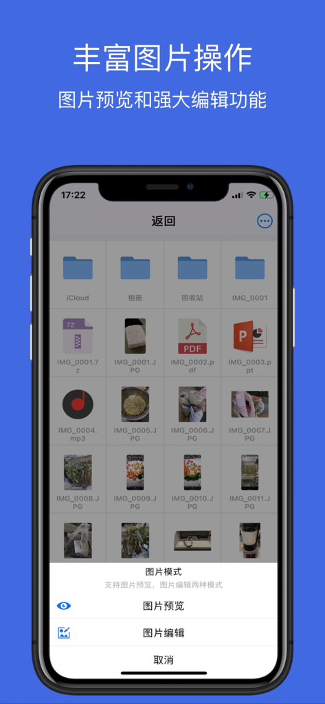 文件管理Pro - File Management Pro mobile app interface showing a file grid and a menu for image preview and editing modes