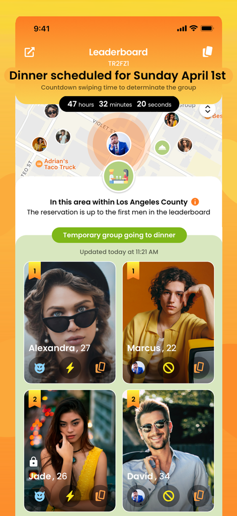 Blender dating app leaderboard screen showing users ranked for a scheduled group dinner in Los Angeles