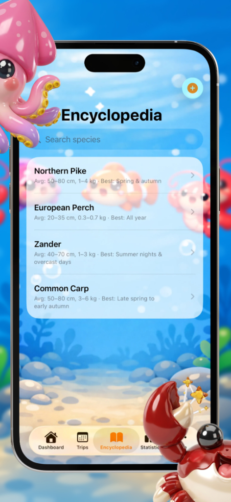 MyFishing Book - Pantalla de enciclopedia de la aplicación MyFishing Book que muestra detalles de especies de peces como el lucio del norte y la perca europea