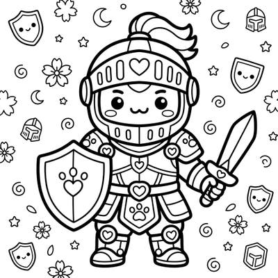 Dive into a world where medieval bravery meets Japanese cuteness with this charming Kawaii Feudal Knight coloring page. Grab your favorite colors and bring this adorable warrior, complete with his trusty sword and shield, to vibrant life.