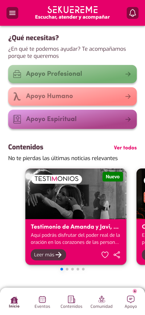 Sekuereme - Sekuereme app home screen featuring buttons for professional human and spiritual support and a section for user testimonies