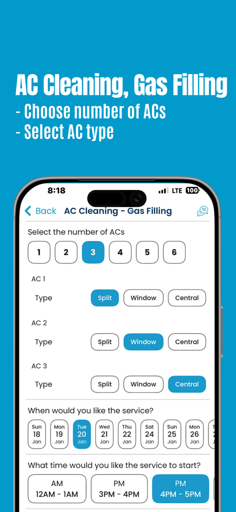 CleanLine - CleanLine app interface for booking AC cleaning and gas filling services