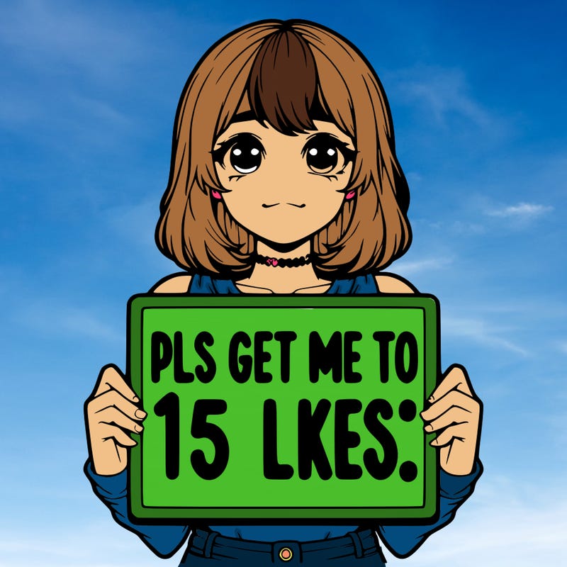 realistic girl holding up a sign that says “pls get me to 15 likes!”