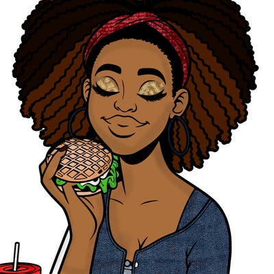 an african american woman eating a waffle burger realistic