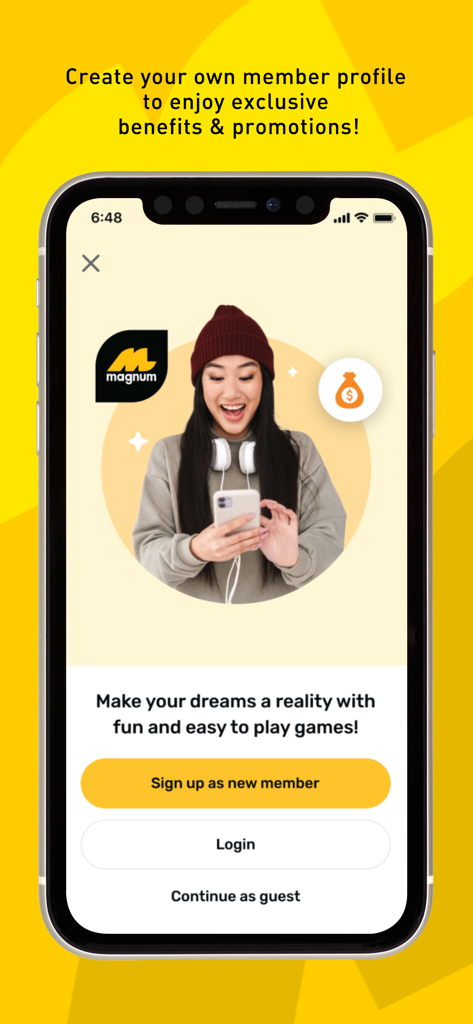 Écran d'inscription à l'application officielle MyMagnum 4D affichant la création du profil membre et les avantages exclusifs