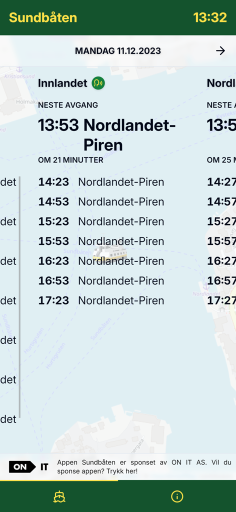 Sundbåten - Sundbaten app interface showing a list of ferry departure times from the Innlandet quay in Kristiansund
