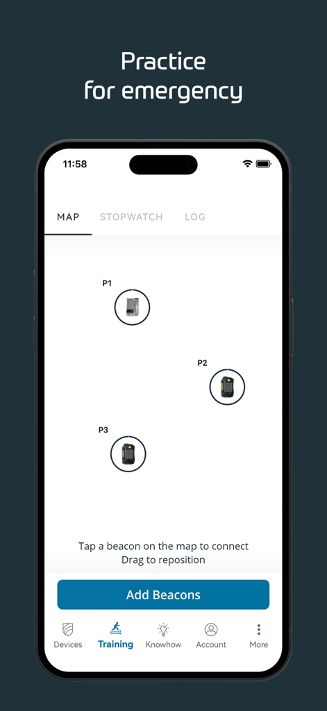 Schermata della modalità di addestramento dell'app PIEPS che mostra una mappa con più apparecchi per la pratica del soccorso in valanga.