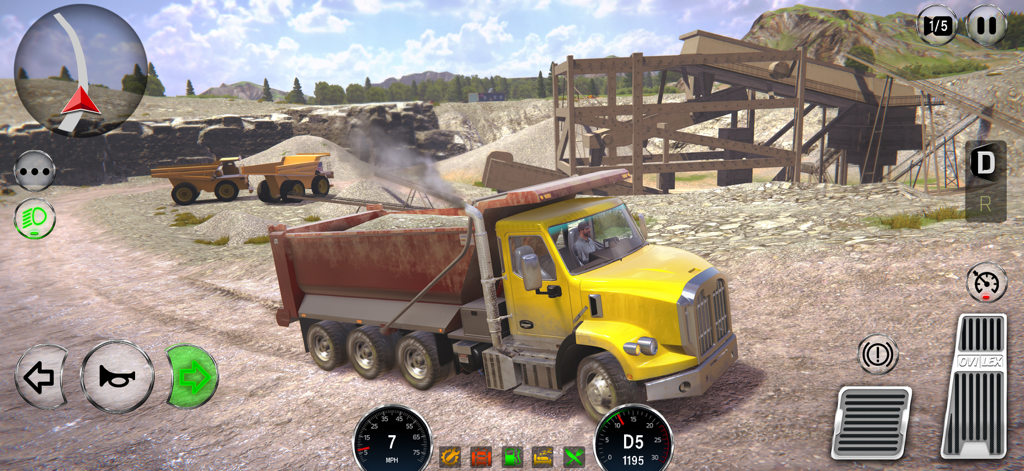 Yellow dump truck driving in a quarry construction site in Truck Adventure Drive USA