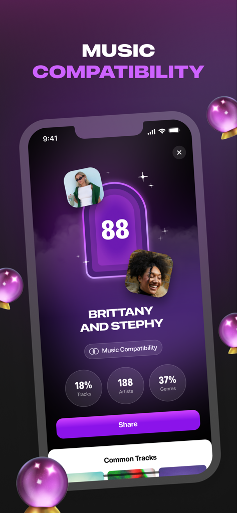 Music compatibility screen in the Airbuds Widget app showing a score between two friends based on shared tracks and artists.