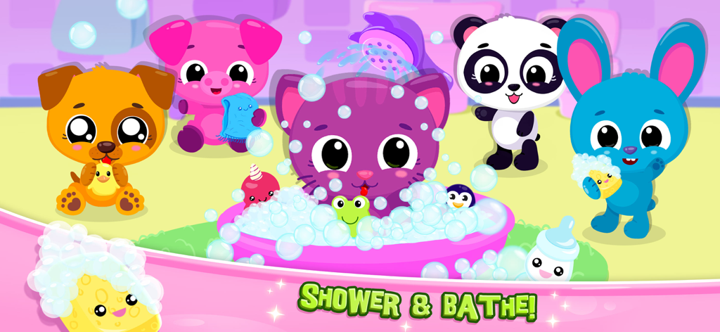Cartoon animals including a cat in a bubble bath with the text Shower and Bathe