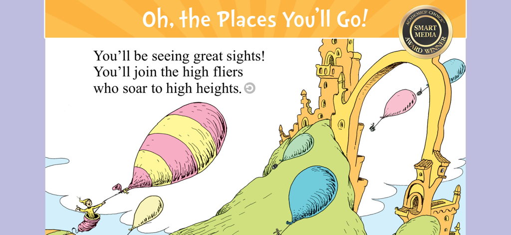 A digital page from the Dr. Seuss book Oh the Places You will Go showing hot air balloons and story text