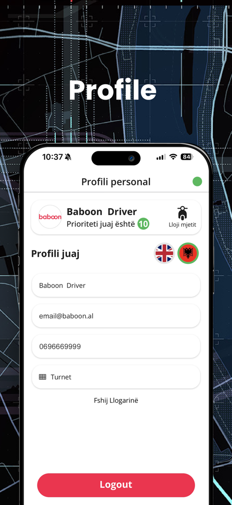Baboon Driver - Baboon Driver app personal profile screen showing account details and vehicle type