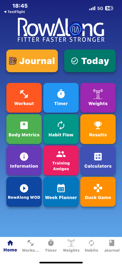 The RowAlong App - Home screen of the RowAlong fitness app showing a colorful grid of training and journaling tools