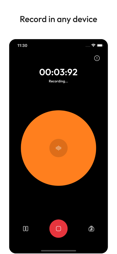 Just Press to Record - Pantalla minimalista de grabación de voz de la aplicación mostrando una sesión activa con un temporizador y un botón de control naranja