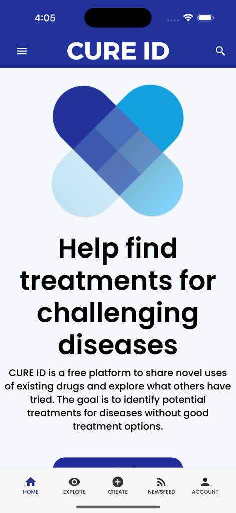 CURE ID - CURE ID app home screen displaying a mission to help find treatments for challenging diseases through drug repurposing.