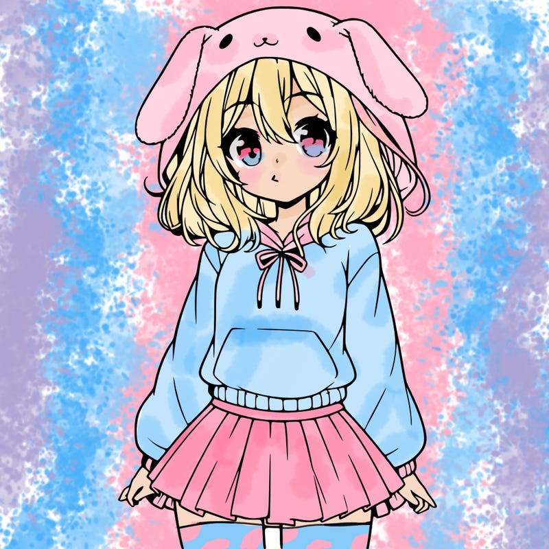 pretty anime girl wearing a fluffy hoodie with bunny ears on the hood and a skirt