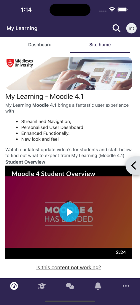 MDX My Learning app site home screen showing Moodle 4.1 update features and student overview video