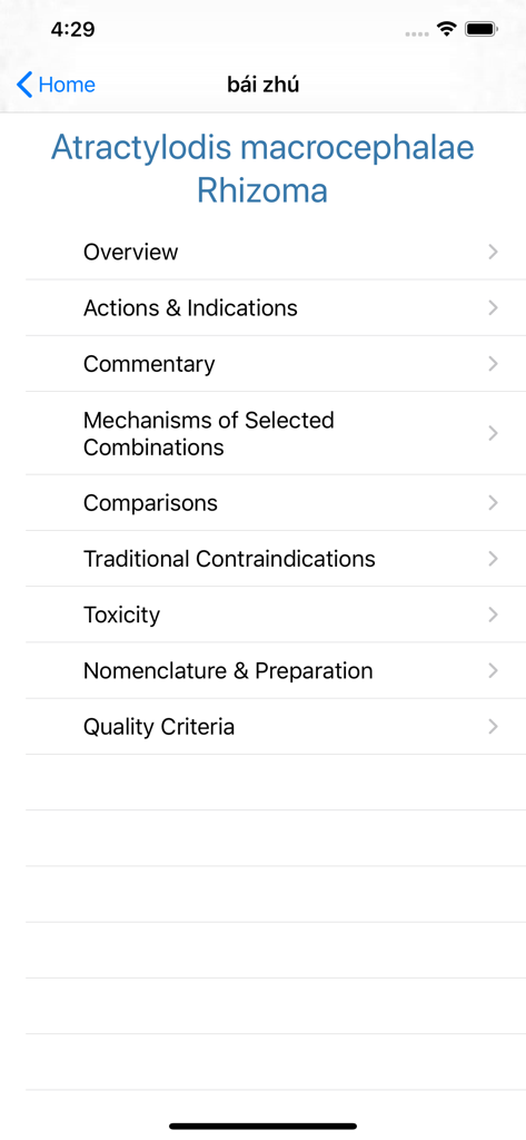 Eastland Herb–Chinese Medicine - Schermata informativa per l'erba Bai Zhu nell'app Eastland Herb.