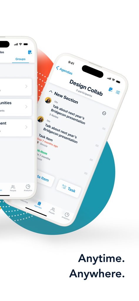 Bridge LMS mobile app interface displaying a collaborative meeting agenda with notes and task assignments.