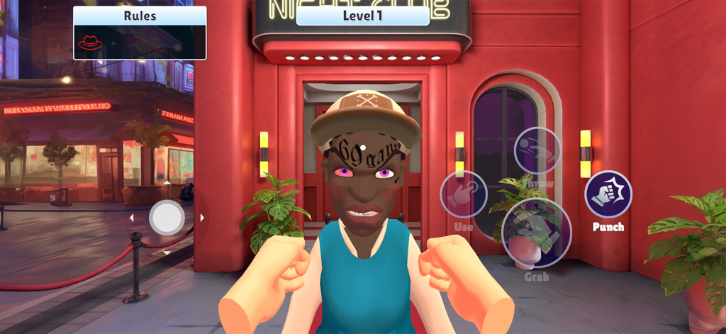 Bouncer gameplay in I Am Security showing a guest at a nightclub entrance with action buttons like punch and grab