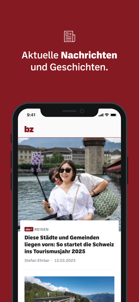 bz Zeitung aus Basel - Pantalla del iPhone mostrando la aplicación de noticias bz Zeitung con un artículo sobre turismo suizo en 2025.