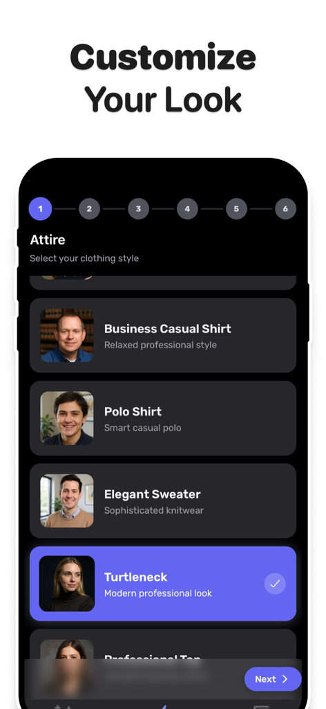 AI Headshot Generator: Facely - Interface for selecting professional attire styles in the Facely AI headshot generator app.