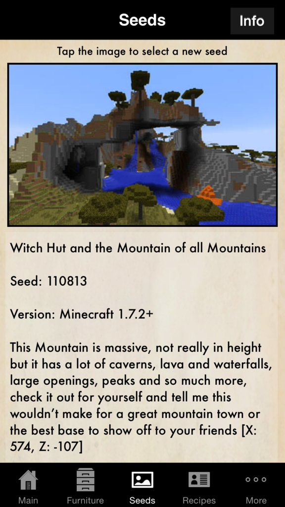 Capture d'écran de la base de données de graines dans l'application Guidecraft montrant un paysage montagneux avec des cascades dans Minecraft
