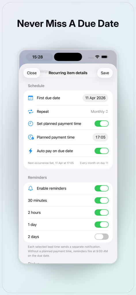 Spending Pulse - Money Tracker - Screen showing options to schedule recurring bills and set custom notification reminders in the Spending Pulse app.