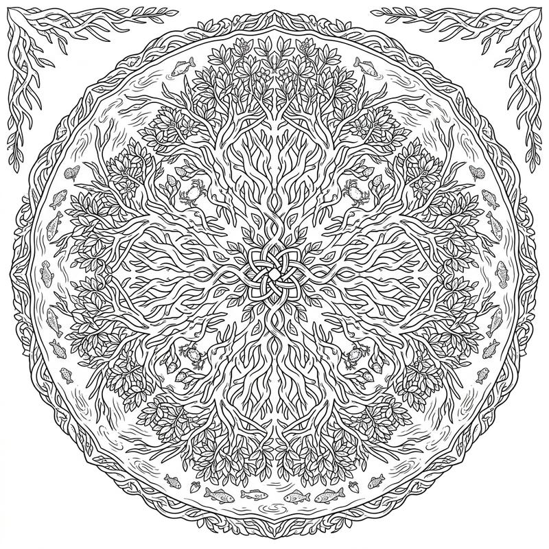 Unleash your creativity with this breathtaking coloring page featuring a detailed mangrove forest arranged as a beautiful mandala. This unique design intricately weaves together the delicate roots, lush foliage, and diverse wildlife of the mangrove ecosystem for a truly immersive coloring experience.