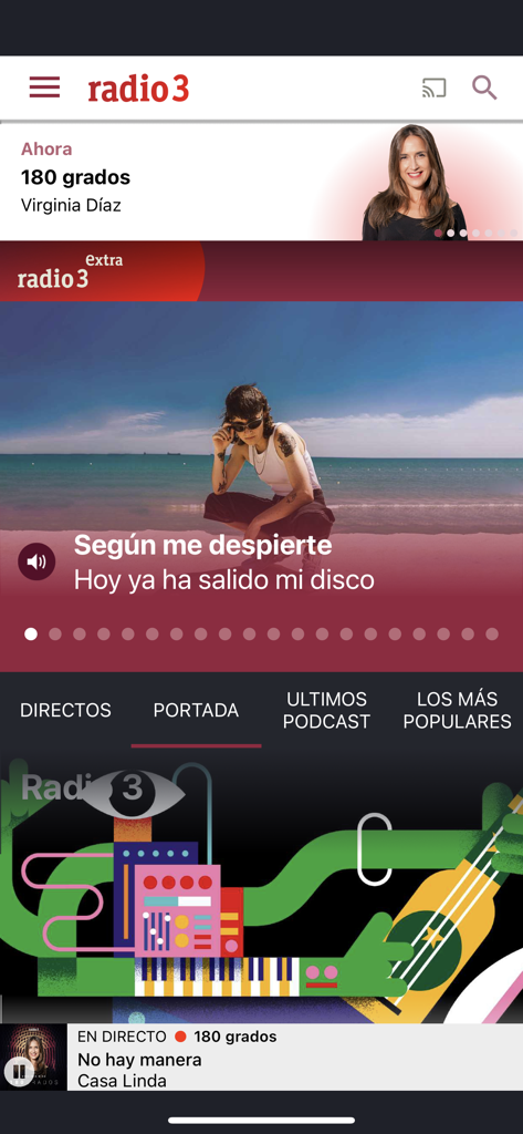 Radio 3 - La interfaz principal de la app Radio 3 mostrando programas de radio en vivo y podcasts culturales destacados.