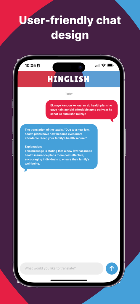 A screenshot of the Hinglish Translator app showing a user-friendly chat interface with a translation from Hinglish to English.