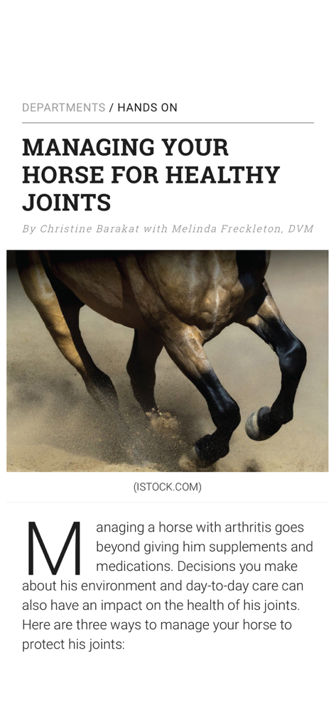 An article in EQUUS Magazine titled Managing Your Horse for Healthy Joints featuring an image of a horse running.
