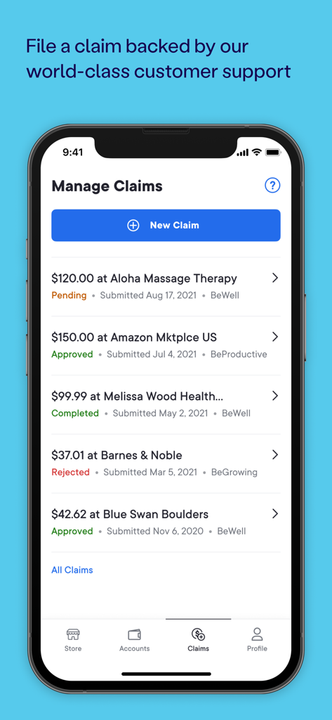 Forma: Flexible Benefit Suite  - Forma app interface showing a list of employee benefit claims with their approval status and transaction history