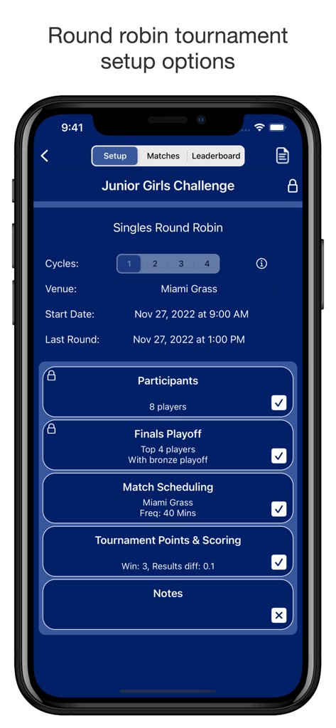 Mobile app screen showing the setup configuration for a junior sports round robin tournament including venue and scheduling options