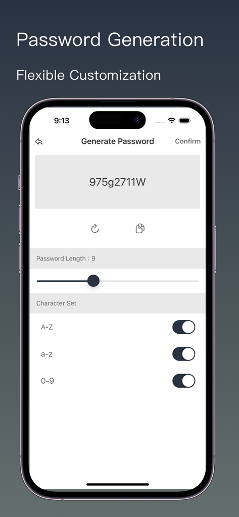 S Password Offline Account - S Password app screen showing a customizable password generator with settings for length and character sets