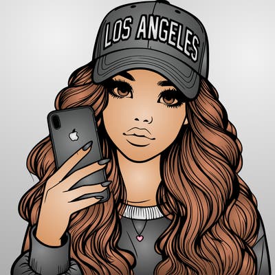 realistic beautiful girl wearing los ángeles cap holding an iphone