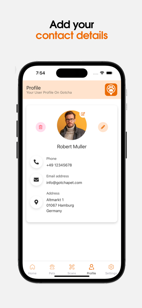 Gotcha! Lost & Found App - User profile screen in the Gotcha Lost and Found App displaying owner contact information